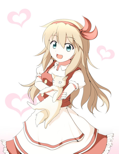 1girl, animal_hug, apron, aqua_eyes, blonde_hair, cat, ellen, frilled_skirt, frills, hair_ribbon, heart, long_hair, looking_at_viewer, open_mouth, ribbon, short_sleeves, simple_background, skirt, skirt_set, sokrates_(touhou), solo, touhou, touhou_(pc-98), waist_apron, white_background, zarkava_lita