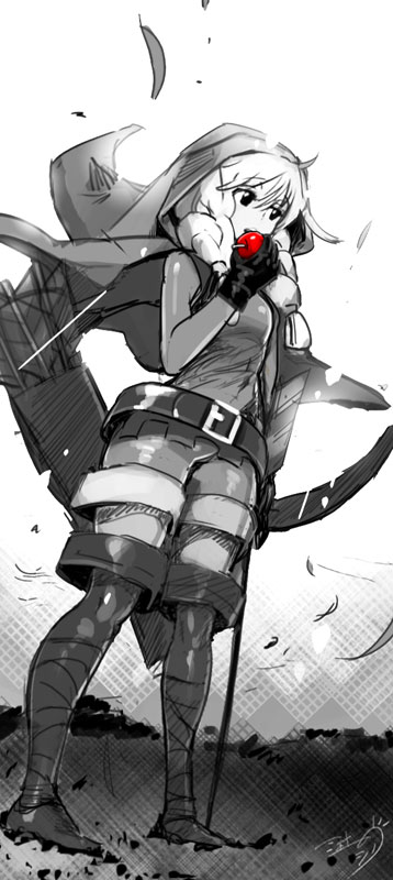 1girl, arrow, artist_name, belt, boots, bow_(weapon), braid, cloak, dragon's_crown, dutch_angle, eating, elf, elf_(dragon's_crown), full_body, gloves, hood, leaf, long_hair, looking_away, monochrome, pointy_ears, quiver, red_apple, shorts, sinov_mimori, solo, standing, thigh-highs, thigh_boots, twin_braids, weapon
