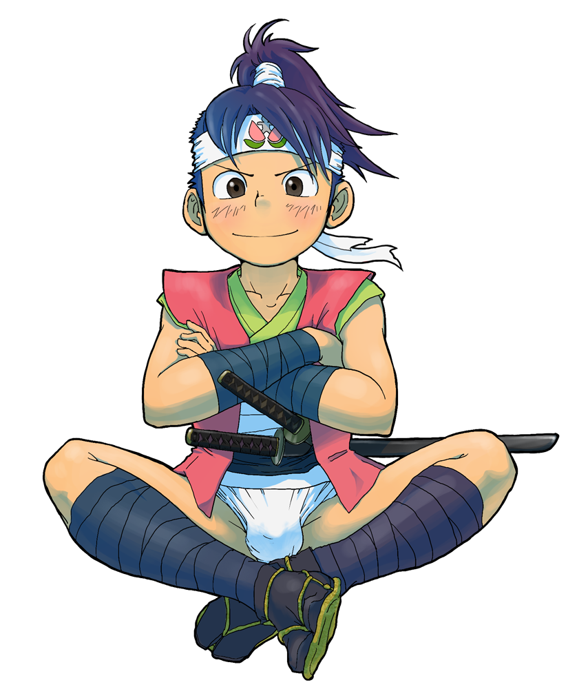 1boy, blush, bulge, crossed_arms, crossed_legs, fundoshi, headband, japanese_clothes, las_(las72), momotarou_(character), momotarou_densetsu, ponytail, sitting, smile