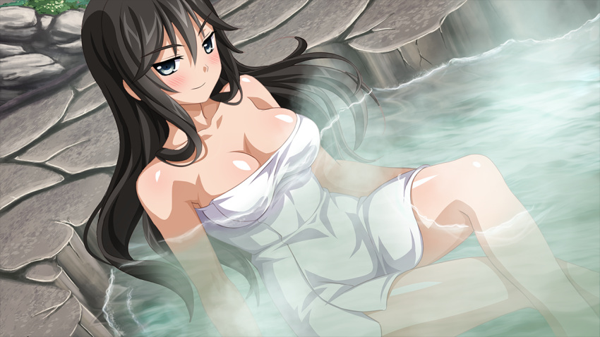 1girl, black_hair, blue_eyes, blush, breasts, cleavage, crossed_legs, game_cg