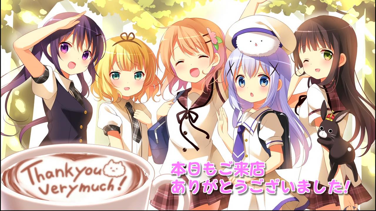 end_card, gochuumon_wa_usagi_desuka?, hoto_cocoa, kafuu_chino, kirima_sharo, latte_art, tagme, tedeza_rize