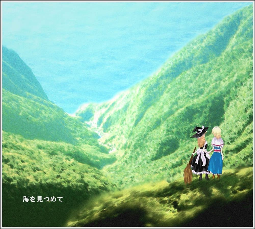 2girls, akumasatan, alice_margatroid, apron, black_dress, blonde_hair, blue_dress, blue_sky, boots, broom, brown_hair, capelet, dress, facing_away, grass, grassy, hairband, hat, holding, holding_hands, kirisame_marisa, long_sleeves, looking_at_another, medium_request, mountain, multiple_girls, ravine, scenery, short_hair, sky, standing, touhou, translation_request, witch_hat