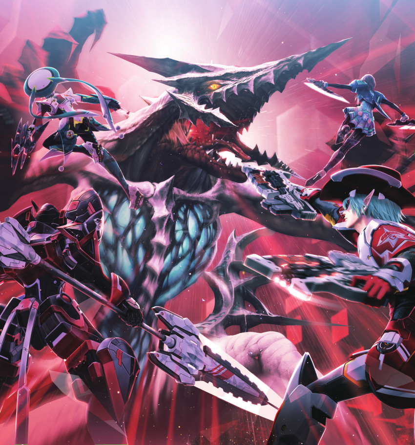 1girl, 3boys, cowboy_hat, dragon, fonewm, gun, hat, highres