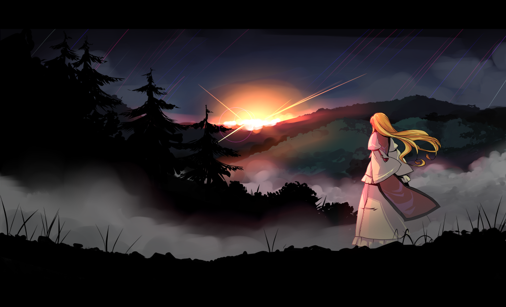 forest, garnet, garnet_(pixiv), landscape, lens_flare, long_hair, nature, scenery