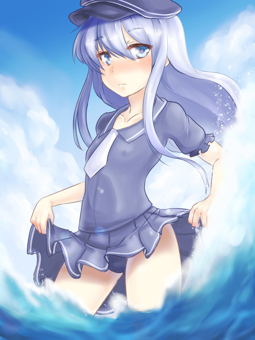 1girl, blue_eyes, feet_in_water, hat, hibiki_(kantai_collection), highres, hirose_geronimo, kantai_collection