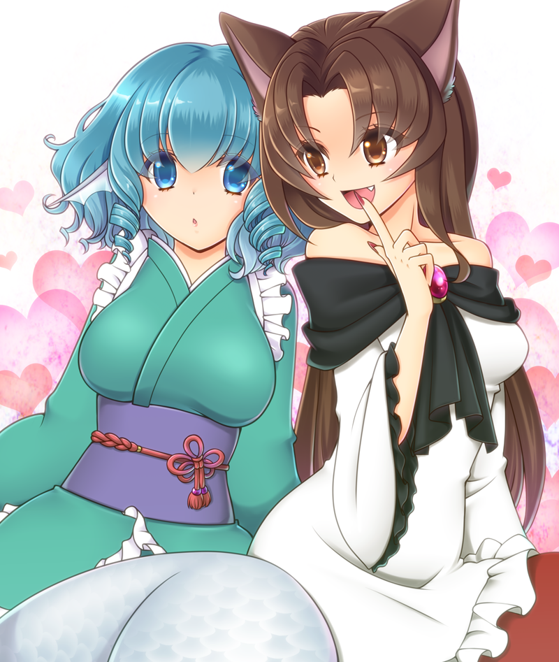 1girl, 2girls, animal_ears, blue_eyes, blue_hair, blush, brooch, brown_eyes, brown_hair, dress, fang, hayabusa_koi, head_fins, imaizumi_kagerou, japanese_clothes, jewelry, kimono, long_hair, long_sleeves, mermaid, monster_girl, multiple_girls, obi, open_mouth, sash, short_hair, smile, solo, touhou, wakasagihime, wide_sleeves, wolf_ears