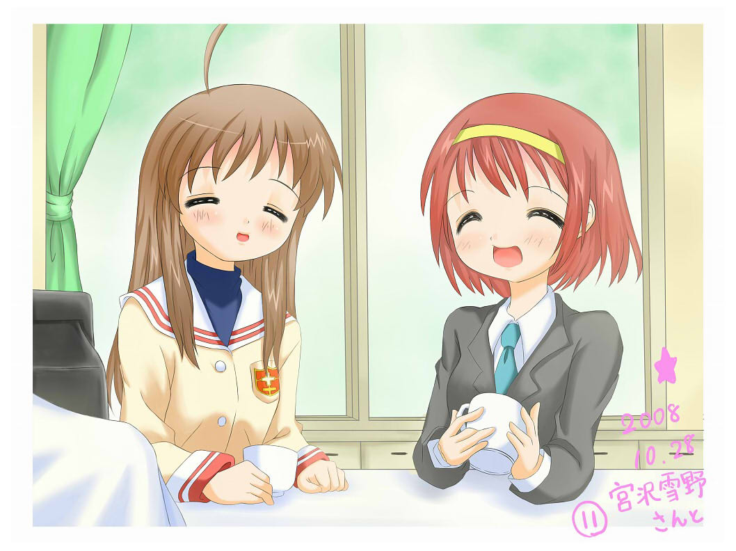 2girls, ahoge, clannad, closed_eyes, crossover, enomoto_atsuko, fujieda_hiro, hairband