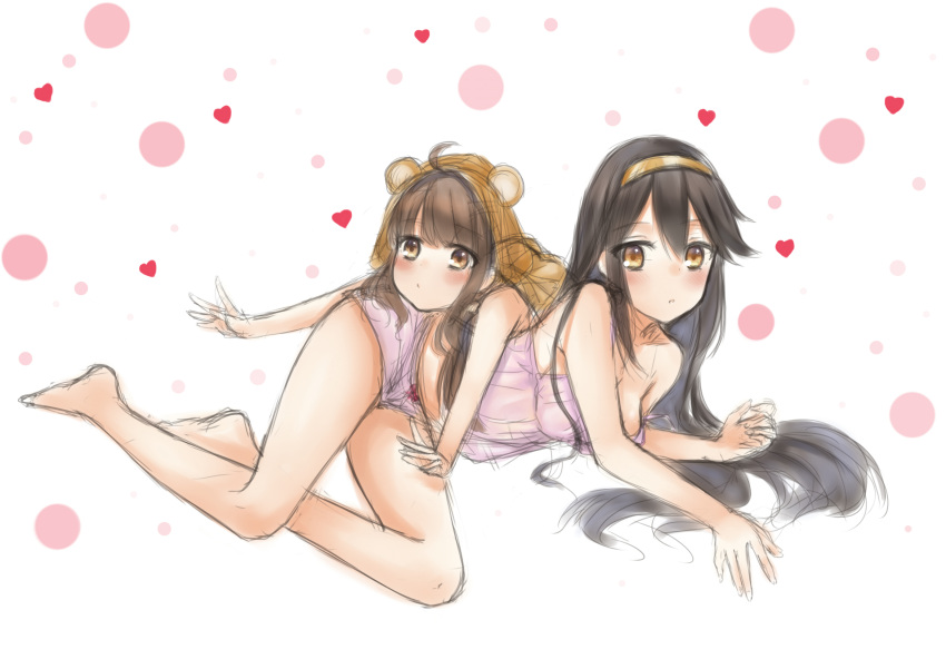 2girls, ahoge, animal_costume, babydoll, bare_legs, bare_shoulders, barefoot, black_hair