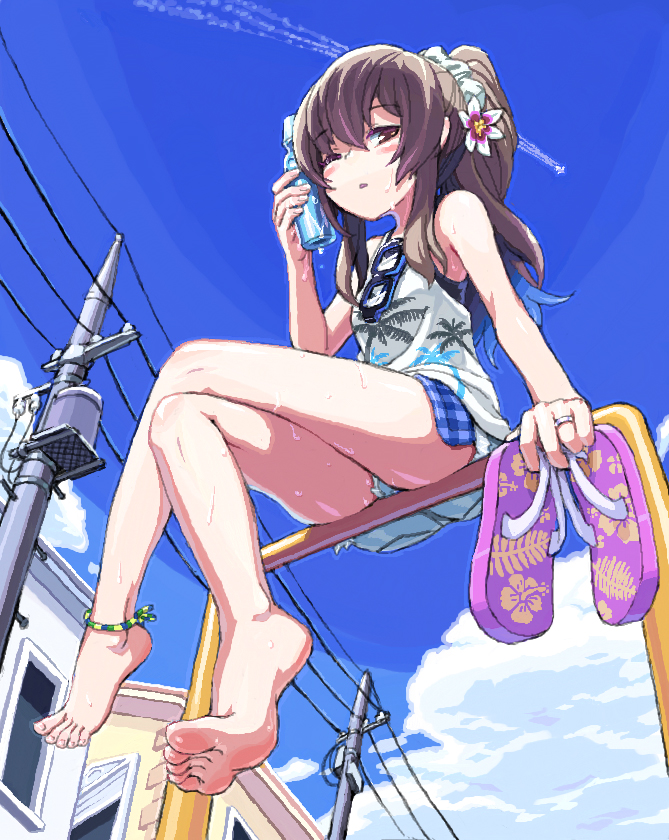 1girl, anklet, barefoot, blush_stickers, brown_hair, crossed_legs, drink, feet