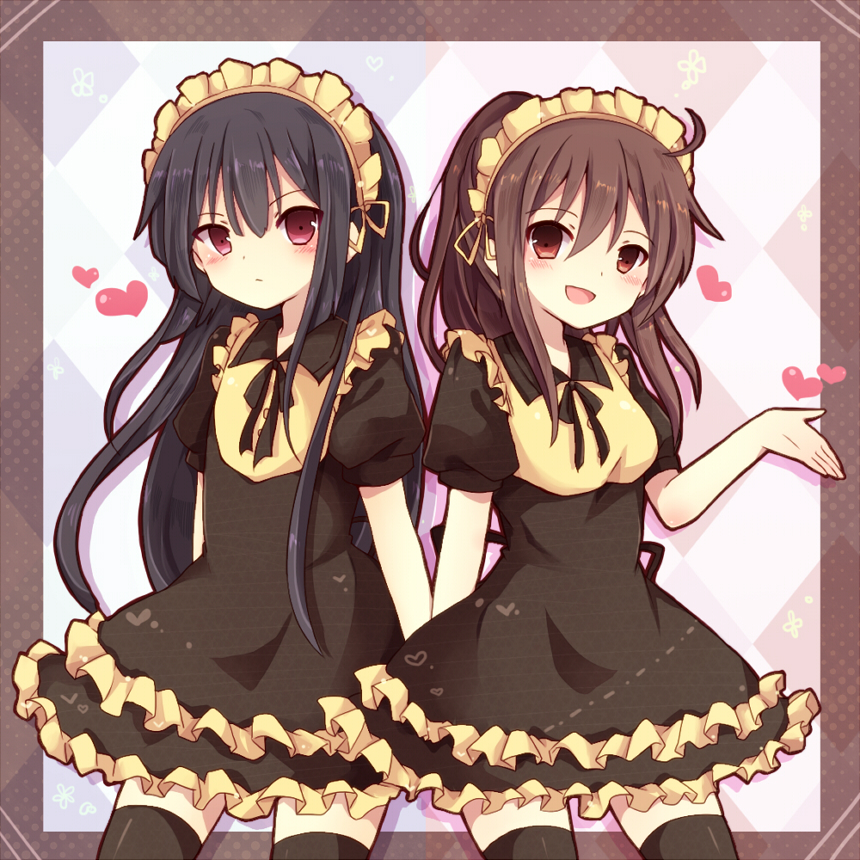1boy, 1girl, ahoge, akasaka_ryuunosuke, aoyama_nanami, black_hair, black_legwear, brown_eyes, brown_hair, long_hair, maid, maid_headdress, sakura-sou_no_pet_na_kanojo, thighhighs, trap, uguisu_mochi_(ykss35), zettai_ryouiki