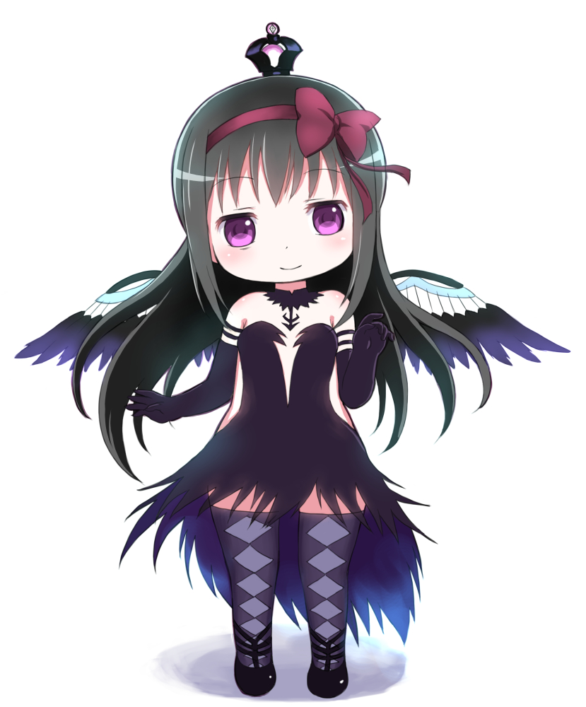 1girl, akemi_homura, akuma_homura, argyle, argyle_legwear, bare_shoulders, black_gloves, black_hair