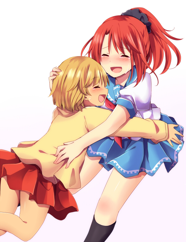 2girls, blush, brown_hair, closed_eyes, crying, dark_skin, hair_ornament, hug
