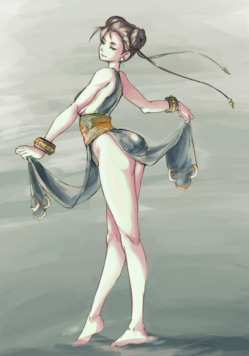 1girl, alternate_costume, ass, barefoot, black_hair, breasts, chun-li, double_bun