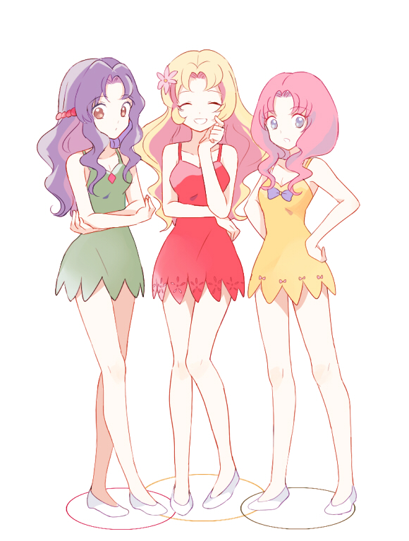 3girls, ayame_(pokemon), bare_legs, blonde_hair, blue_eyes, botan_(pokemon), bow, brown_eyes, closed_eyes, crossed_arms, dress, flower, full_body, green_dress, grin, gym_leader, hair_flower, hair_ornament, hands_on_hips, long_hair, looking_at_viewer, mei_(maysroom), multiple_girls, pink_hair, pokemon, pokemon_(anime), purple_hair, red_dress, sakura_(pokemon), short_dress, siblings, sisters, smile, white_background, yellow_dress