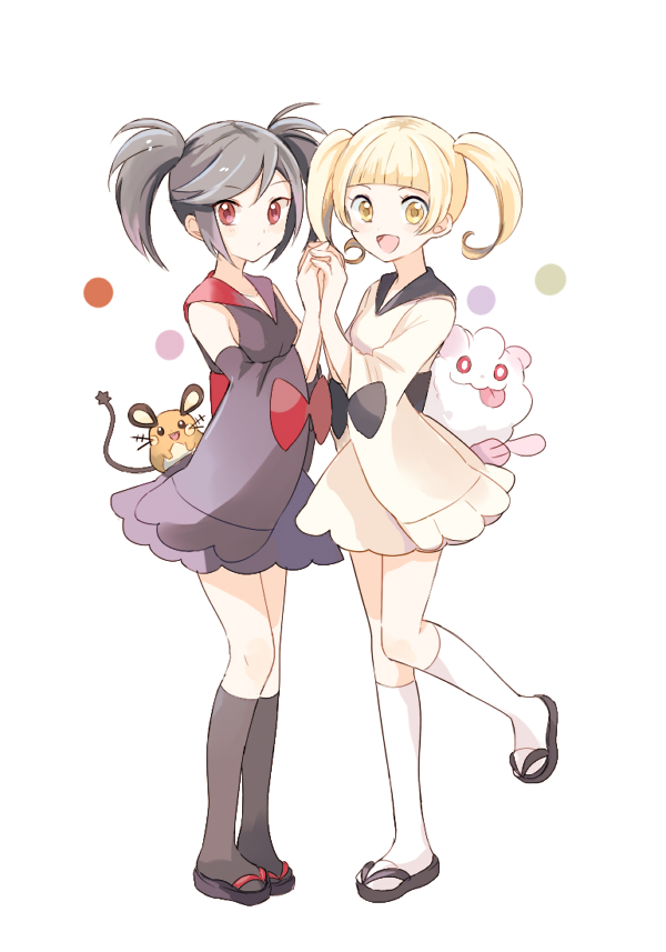 2girls, black_hair, black_legwear, blonde_hair, bow, dedenne, detached_sleeves, full_body