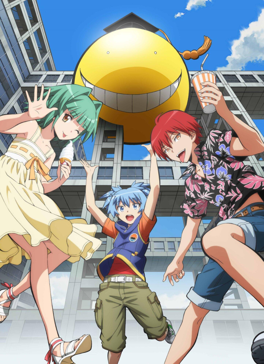 1girl, akabane_karma, ansatsu_kyoushitsu, blue_hair, green_hair, highres, kayano_kaede, koro-sensei
