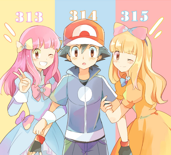 3boys, alternate_costume, alternate_hairstyle, arm_hug, ash_ketchum_(pokemon), baseball_cap, black_hair, blue_dress