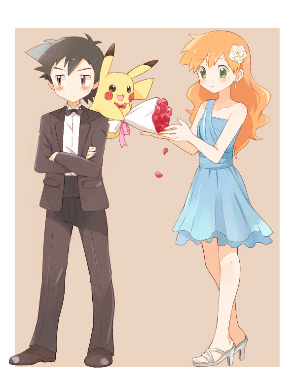 1boy, 1girl, alternate_costume, alternate_hairstyle, ash_ketchum_(pokemon), black_hair, blue_dress, blush