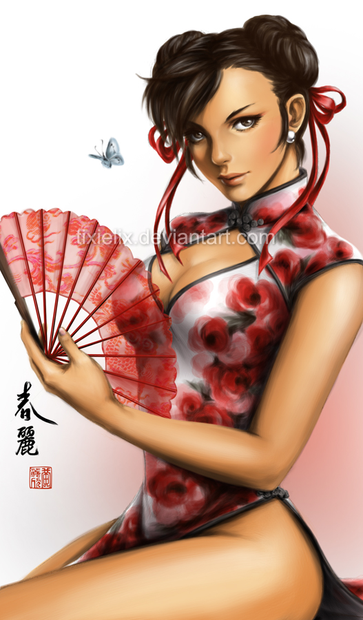 1girl, alternate_costume, breasts, brown_eyes, brown_hair, butterfly, china_dress, chinese_clothes, chun-li, cleavage, cleavage_cutout, double_bun, earrings, eyeliner, fan, floral_print, folding_fan, hair_ribbon, jewelry, large_breasts, lips, lixin_wang, looking_at_viewer, makeup, nose, ribbon, short_hair, side_slit, sitting, solo, street_fighter, thighs, watermark, web_address