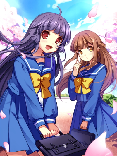 2girls, :d, ahoge, bag, bow, braid, brown_hair, character_request