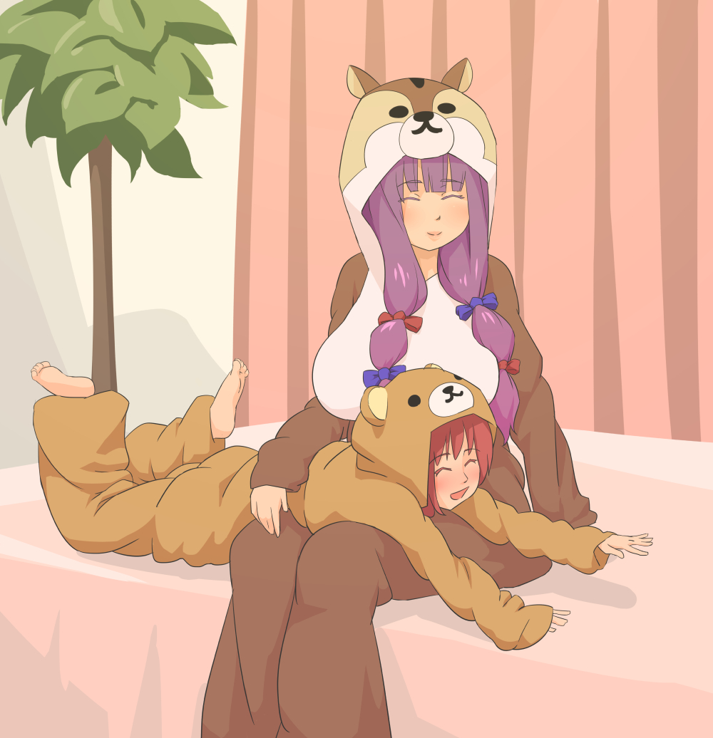 2girls, animal_costume, barefoot, bear_costume, bed, chipmunk_costume, closed_eyes, costume