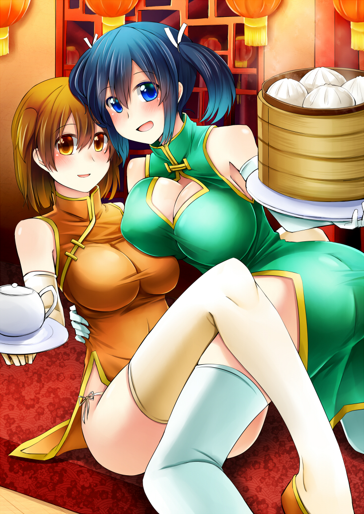 2girls, ass, blue_eyes, blue_hair, blush, breasts, brown_eyes, brown_hair, china_dress, chinese_clothes, cleavage, cleavage_cutout, elbow_gloves, food, gloves, hiryuu_(kantai_collection), huge_breasts, kantai_collection, large_breasts, multiple_girls, open_mouth, panties, ray83222, ribbon, short_hair, side-tie_panties, side_ponytail, smile, souryuu_(kantai_collection), teapot, thigh-highs, tray, twintails, underwear