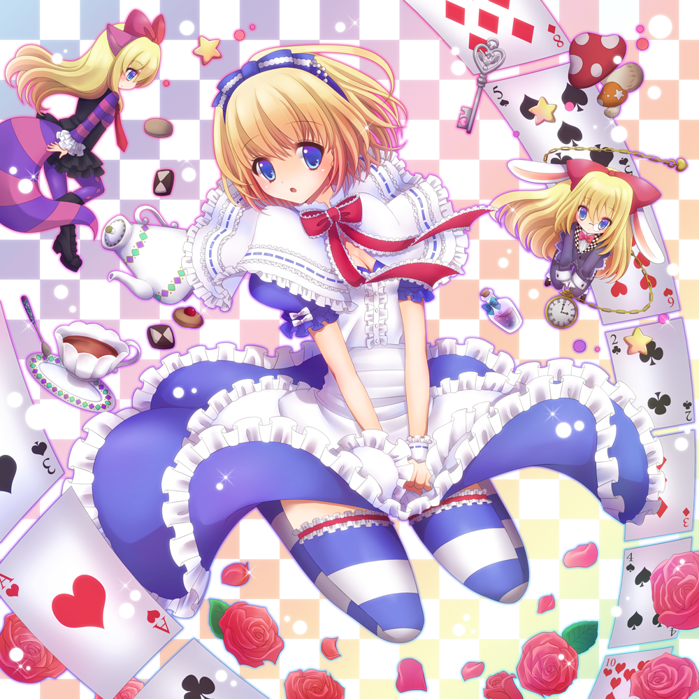 1girl, alice_(wonderland), alice_in_wonderland, alice_margatroid, alternate_costume, animal_ears, blonde_hair, blue_eyes