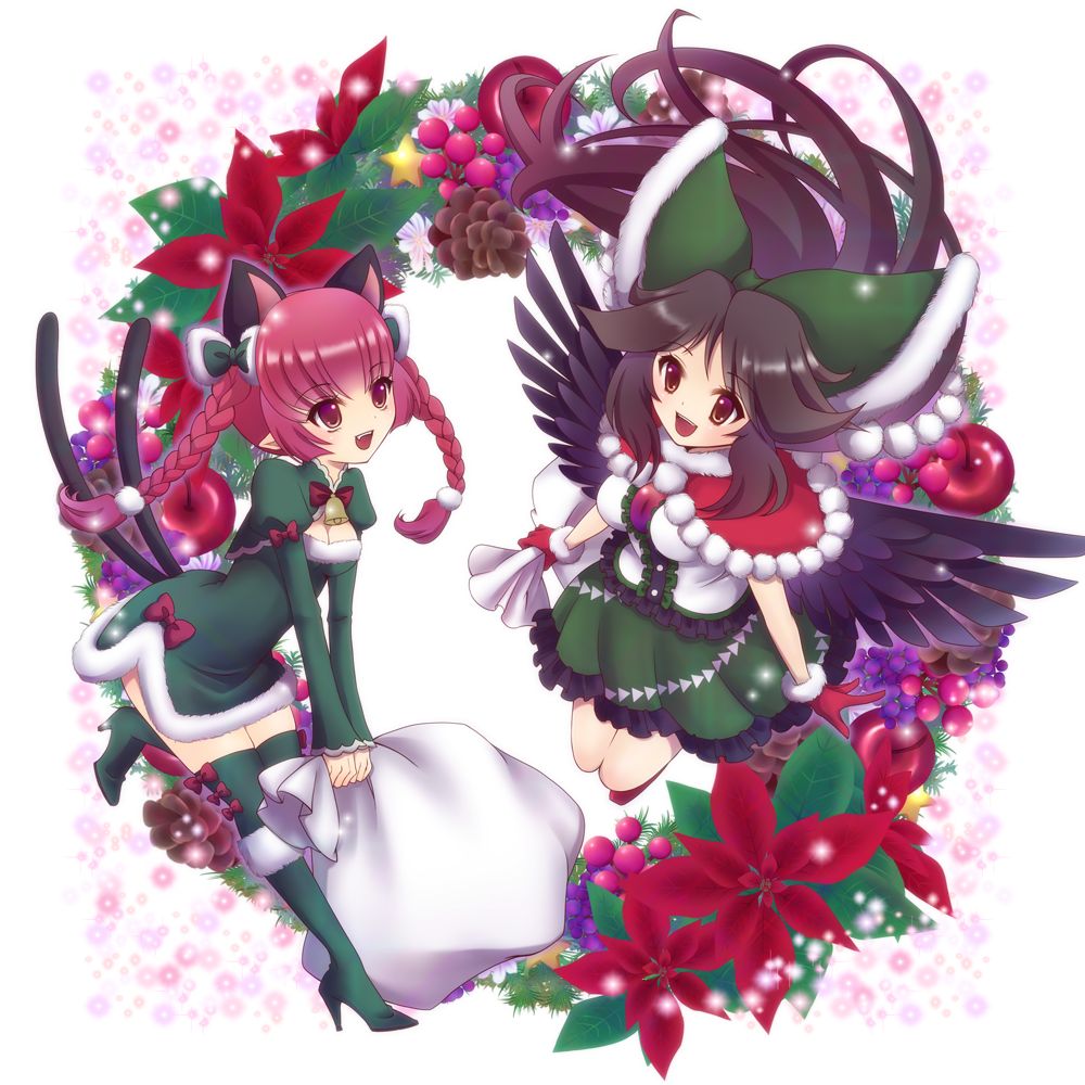 2girls, :d, animal_ears, bell, black_hair, black_wings, boots, bow