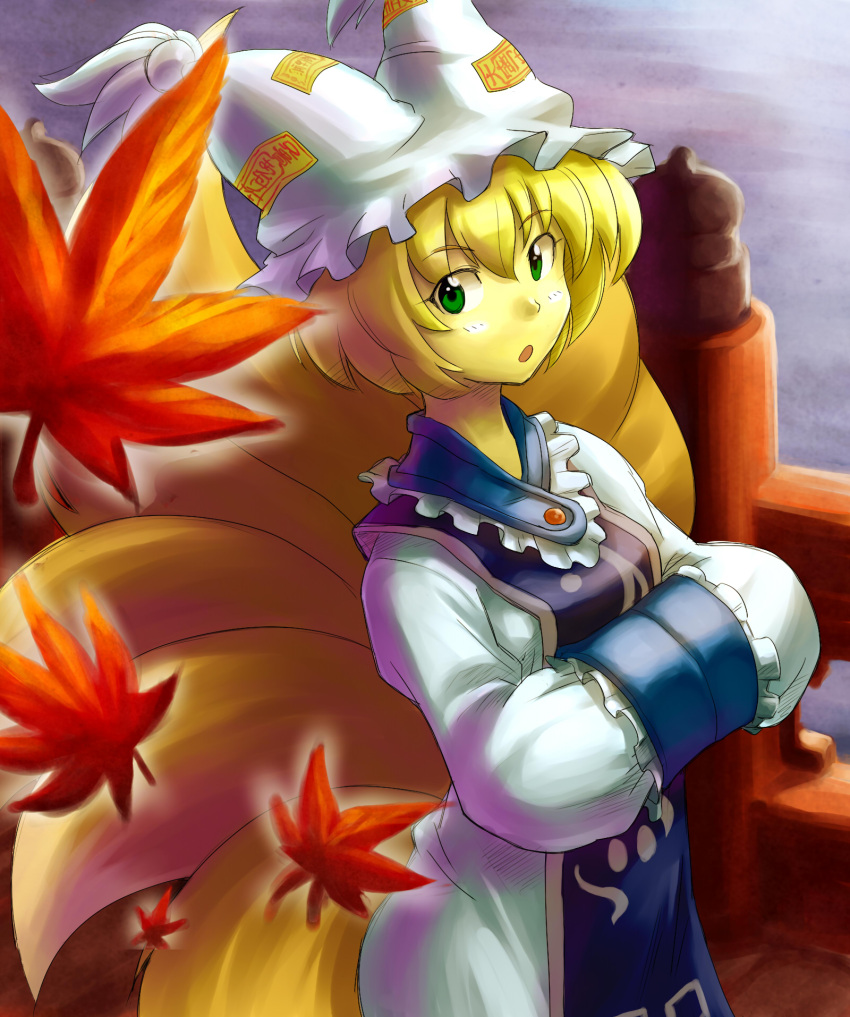 blonde_hair, green_eyes, hands_in_sleeves, highres, leaf, leaves, maple_leaf, mizuno_(okn66)