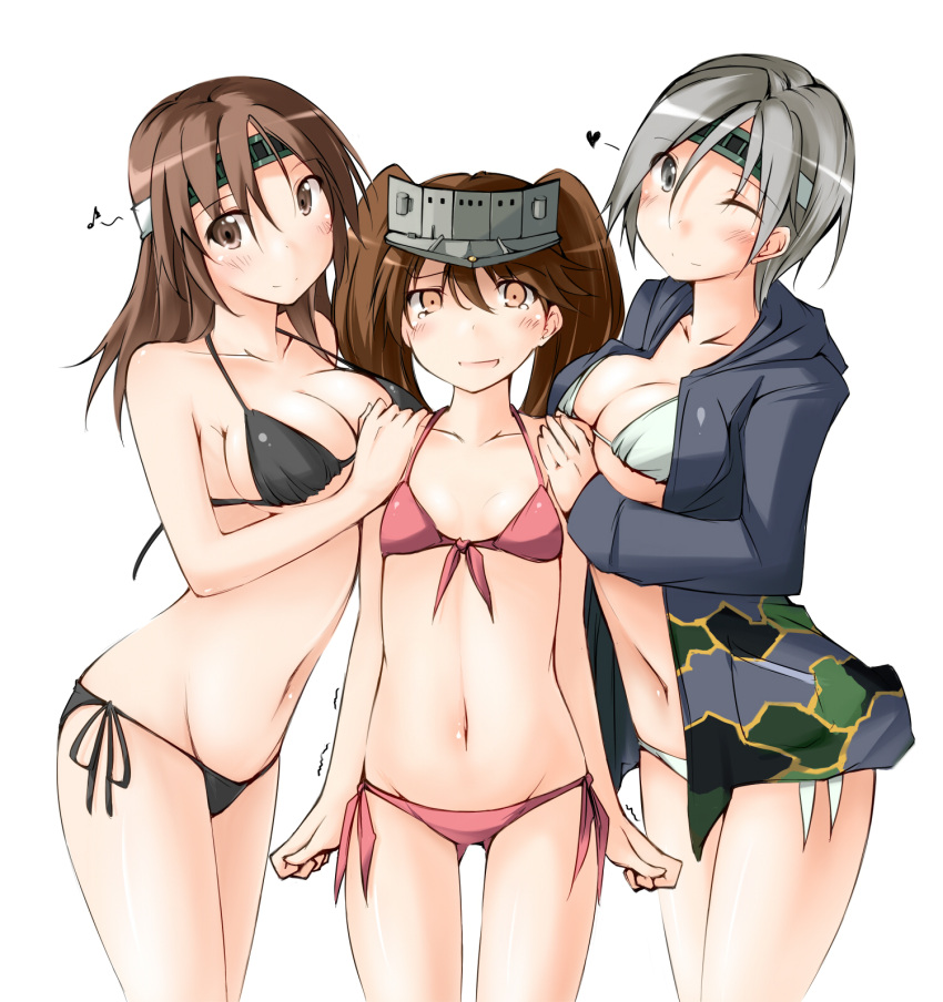 3girls, bikini, breast_conscious, brown_eyes, brown_hair, chitose_(kantai_collection), chiyoda_(kantai_collection), grey_eyes