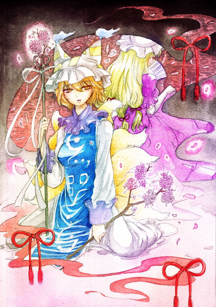 blonde_hair, elbow_gloves, fox_tail, gap, gloves, hat, long_hair, multiple_girls