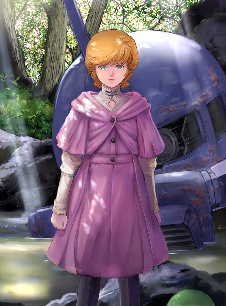 1girl, audrey_burne, black_legwear, damaged, dress_shirt, forest, gacha-m, green_eyes, gundam, gundam_unicorn, haro, head, lips, long_sleeves, mineva_lao_zabi, nature, orange_hair, pantyhose, purple_skirt, revision, river, shirt, short_hair, skirt, sunlight, water, zaku_ii, zaku_ii_s