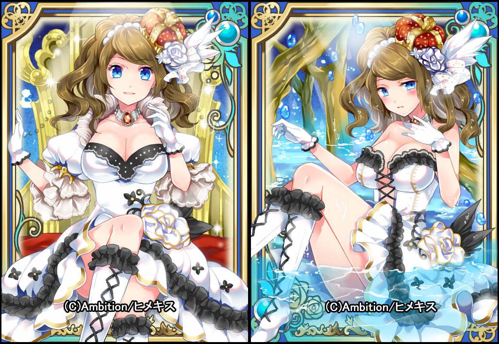 1girl, blonde_hair, blue_eyes, breasts, cleavage, dress, gloves, himekiss