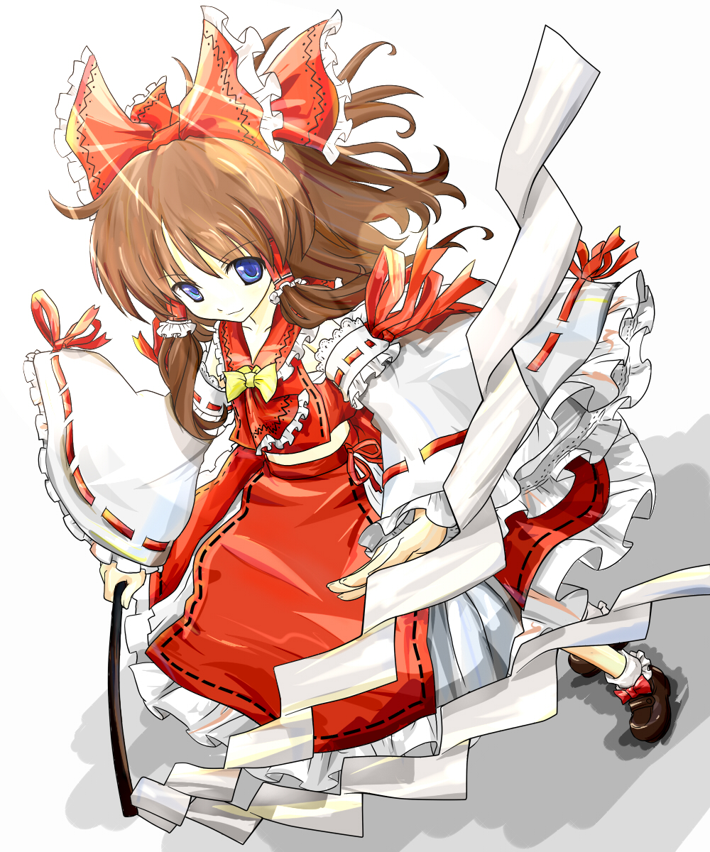 1girl, blue_eyes, bow, brown_hair, detached_sleeves, gohei, hair_bow, hair_ornament
