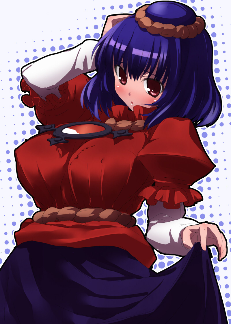 large_breasts, namamo, purple_hair, red_eyes, skirt, skirt_hold, touhou, yasaka_kanako