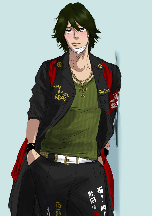 1boy, alternate_costume, blush, casual, cross, cross_necklace, green_hair, hands_in_pockets