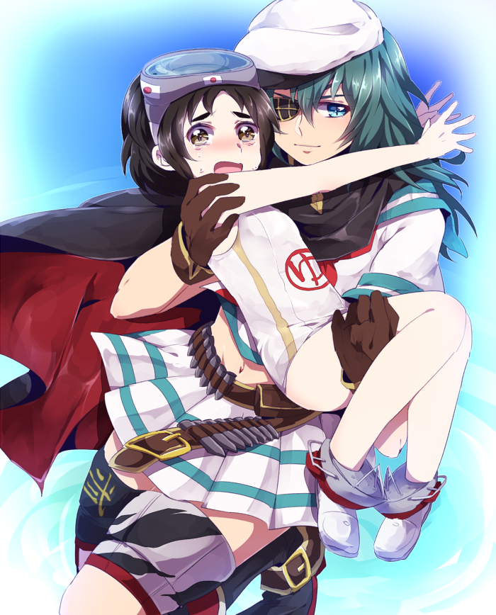 2girls, blue_eyes, blue_hair, blush, brown_eyes, brown_hair, cape, carrying