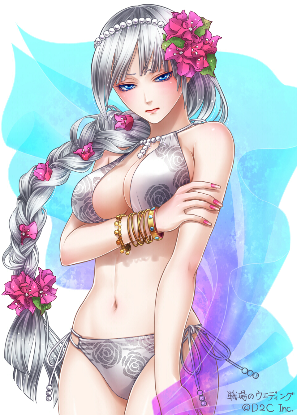 asebi_hikaru, bikini, blue_eyes, braid, floral_print, flower, hair_flower, hair_ornament