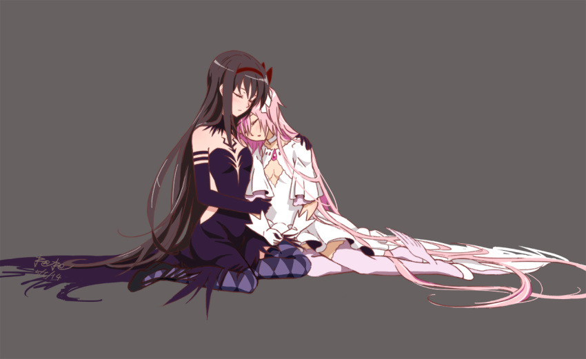 2girls, absurdly_long_hair, akemi_homura, akuma_homura, argyle, argyle_legwear, arm_around_shoulder, bare_shoulders, black_gloves, black_hair, bow, choker, closed_eyes, dated, dress, elbow_gloves, gloves, goddess_madoka, grey_background, hair_bow, head_on_shoulder, jao_(artofjao), kaname_madoka, long_hair, mahou_shoujo_madoka_magica, mahou_shoujo_madoka_magica_movie, multiple_girls, pink_hair, pink_legwear, signature, simple_background, sitting, sleeping, spoilers, thigh-highs, two_side_up, very_long_hair, white_dress, white_gloves, zettai_ryouiki