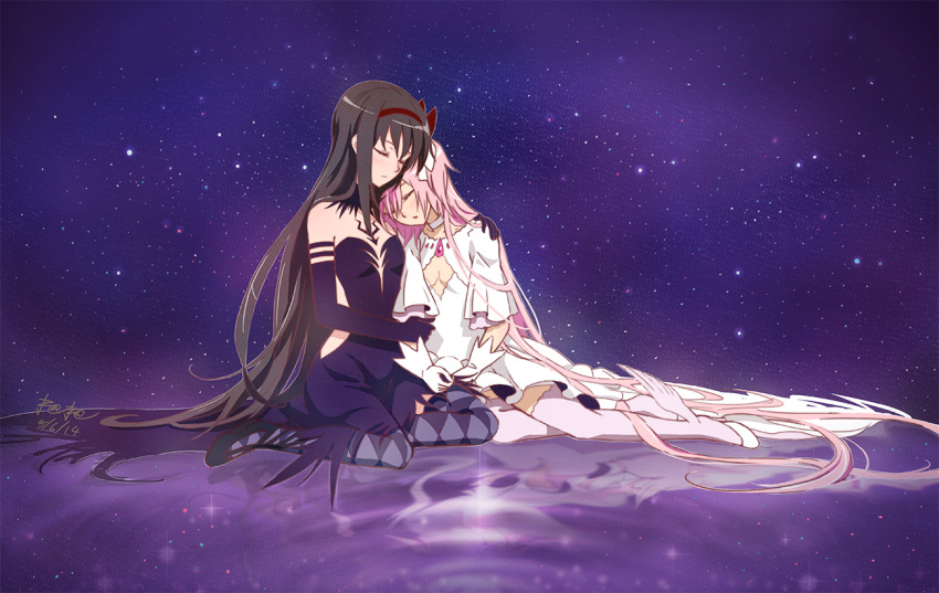 2girls, absurdly_long_hair, akemi_homura, akuma_homura, argyle, argyle_legwear, arm_around_shoulder, bare_shoulders