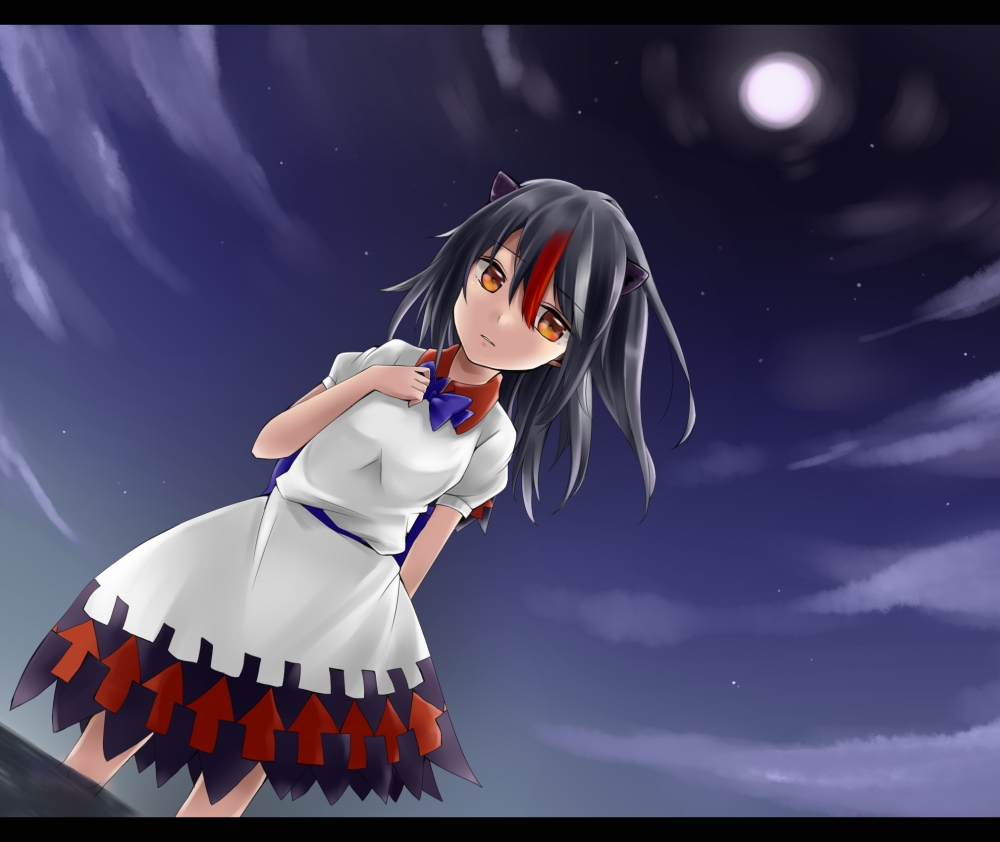 1girl, black_hair, dress, full_moon, hand_on_own_chest, horns, kijin_seija, moon, multicolored_hair, night, no_bracelet, orange_eyes, puffy_short_sleeves, puffy_sleeves, redhead, richard, short_sleeves, touhou