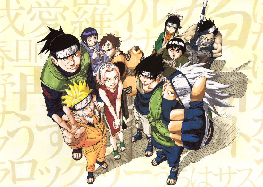 6+boys, absurdres, blonde_hair, blue_eyes, body_writing, forehead_protector, gaara, gourd