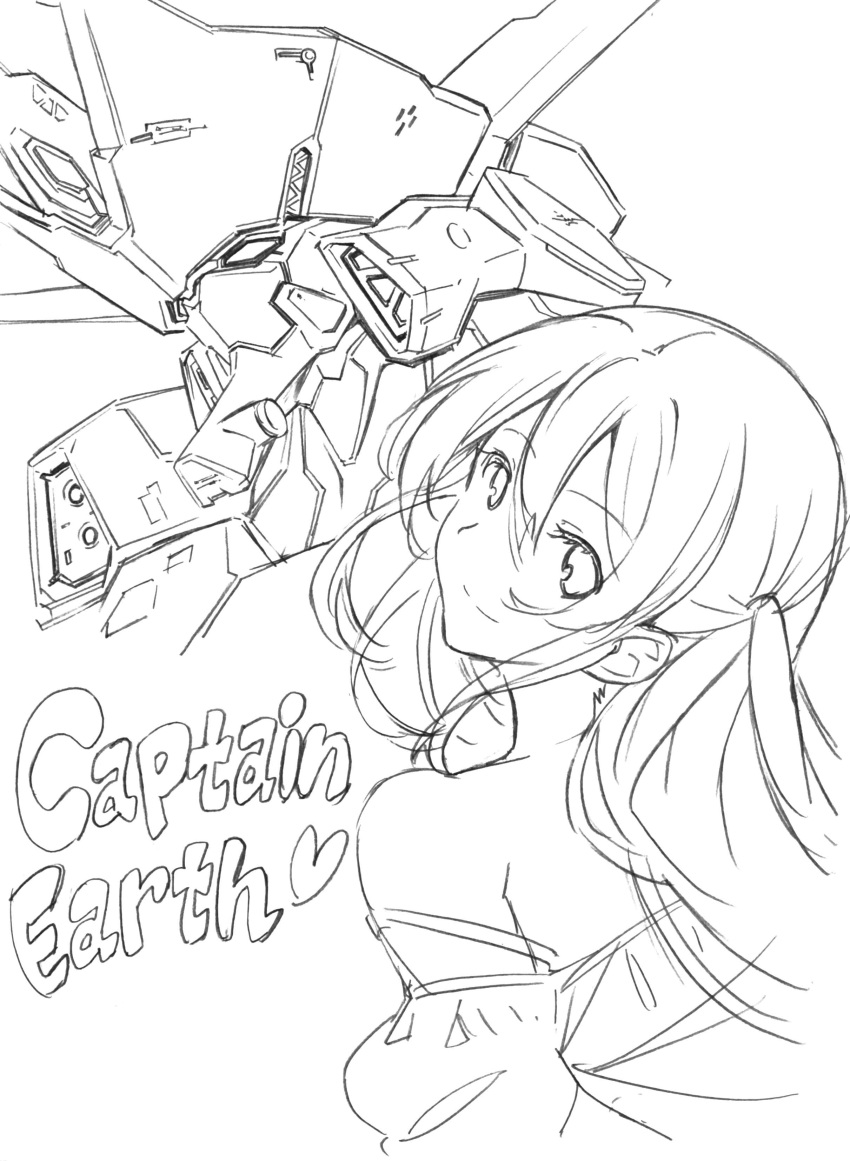 1girl, absurdres, captain_earth, copyright_name, dress, earth_engine_impacter, from_behind, heart, highres, long_hair, looking_back, mecha, monochrome, mutou_hana, sketch, strap_slip, suzutsuki_kurara, two_side_up
