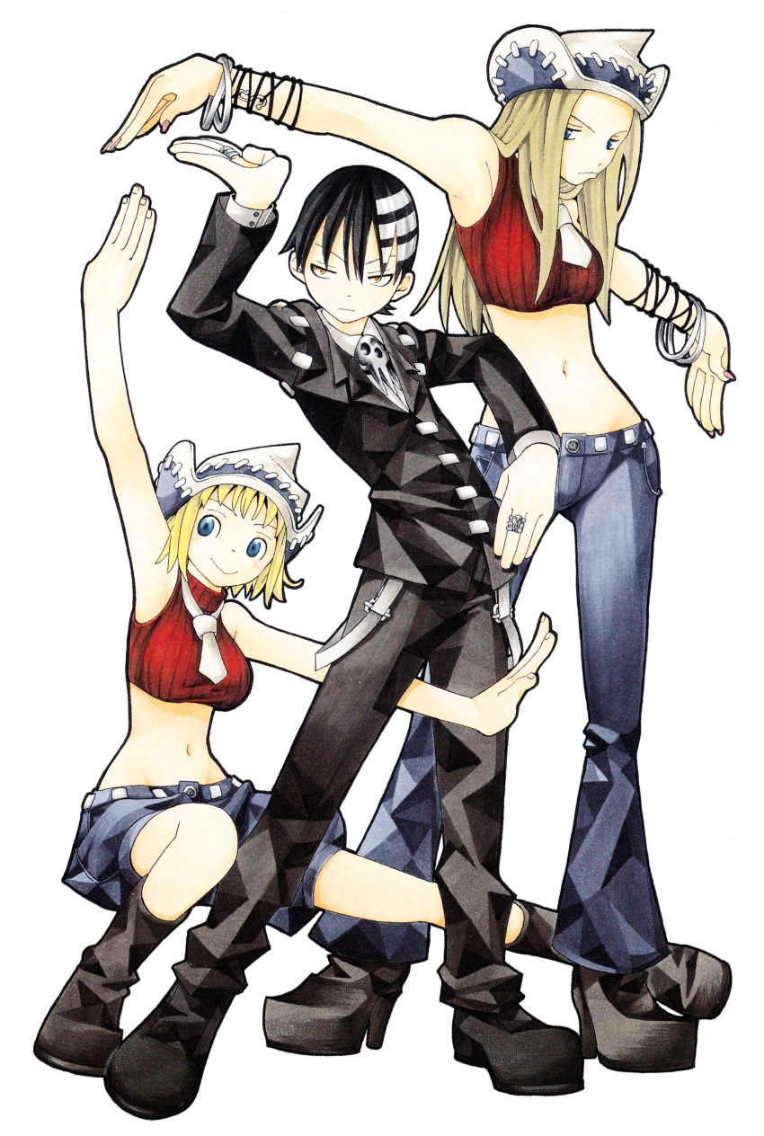 bare_shoulders, black_hair, blonde_hair, blue_eyes, death_the_kid, elizabeth_thompson, hat, highres