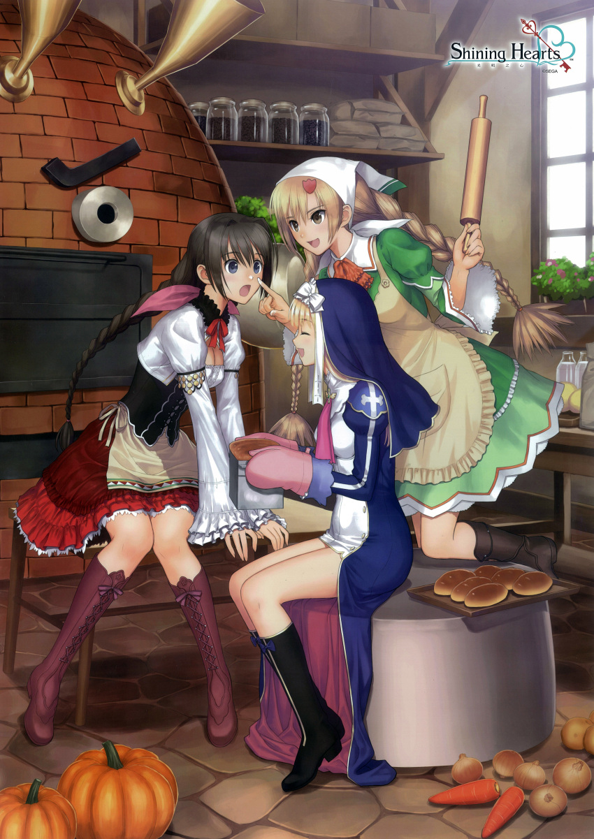 3girls, absurdres, boots, braid, bread, breasts, carrot, cleavage