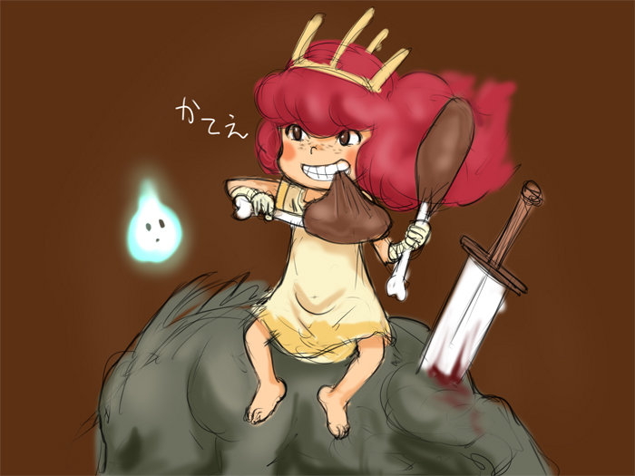 1girl, barefoot, blood, blush_stickers, brown_background, brown_eyes, child, child_of_light_(game)
