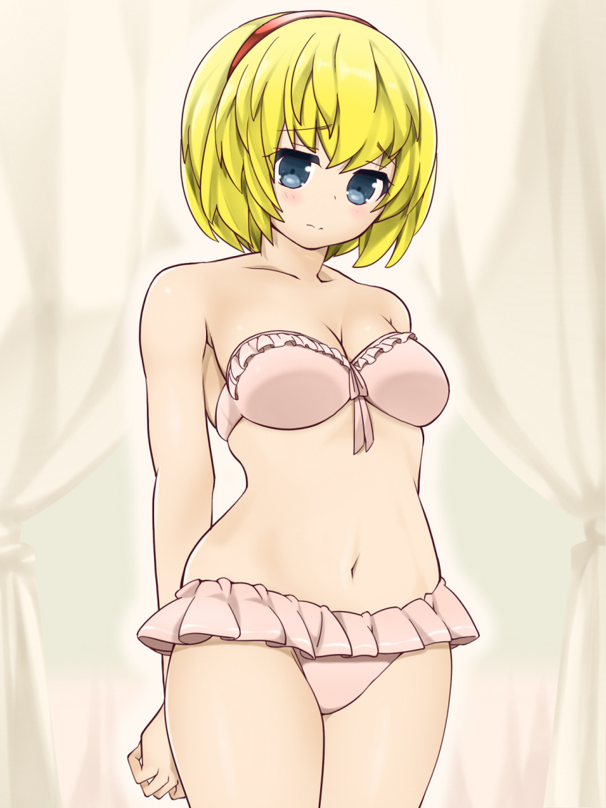 1girl, alice_margatroid, bikini, blonde_hair, blue_eyes, breasts, cleavage, collarbone
