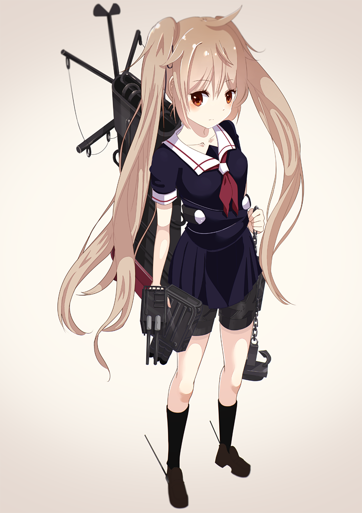 1girl, ahoge, anchor, black_legwear, brown_hair, chain, collarbone, kantai_collection