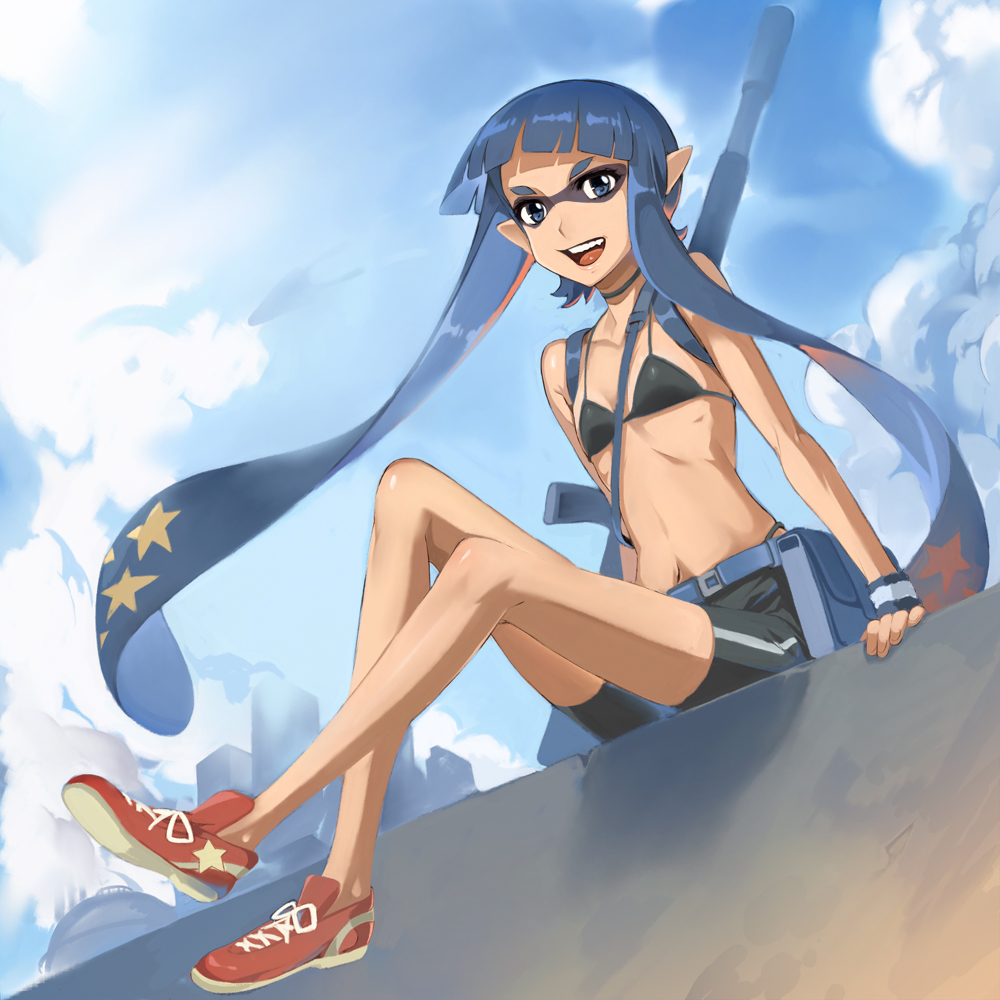1girl, bikini_top, blue_eyes, blue_hair, flat_chest, inkling, long_hair, looking_at_viewer