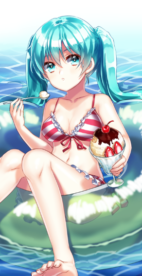 1girl, bikini, blue_eyes, blue_hair, breasts, cherry, chocolate, cleavage